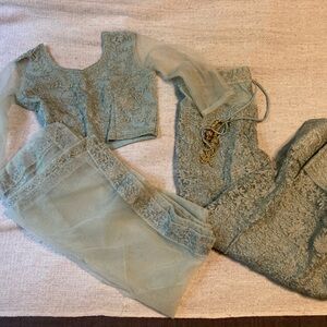 Dusty / Pastel Sage Green Netted Embroidered Lehenga Choli - XXS/XS